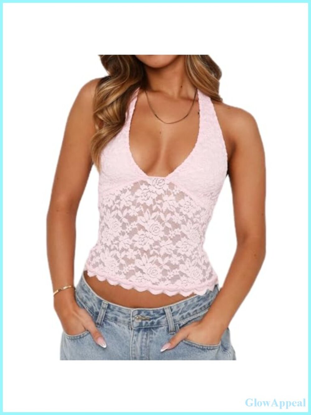Women Y2K Crop Top Halter V Neck Lace Spaghetti Strap Backless Slim Fit Cami